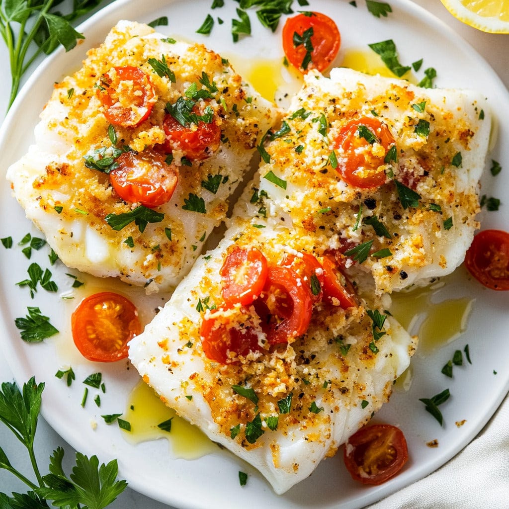 Herb-Crusted Baked Cod with Boursin and Tomato Topping Recipe