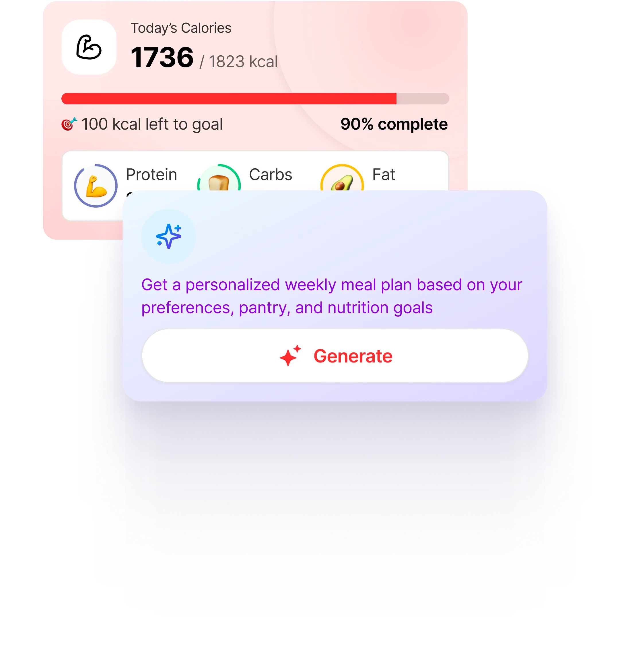 Calorie tracking with macro pills and a 'Generate' meal plan CTA.