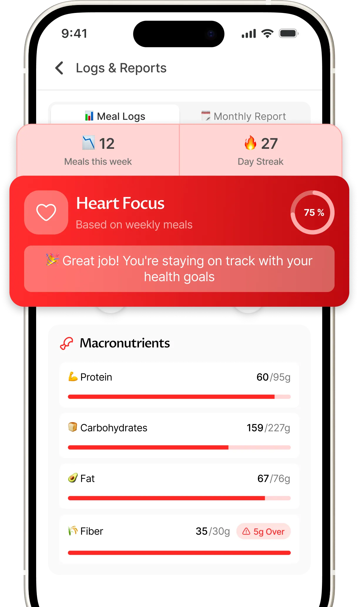 easyChef Pro app — Heart Focus card showing Adherence Score 75/100 with Macronutrients tracker.