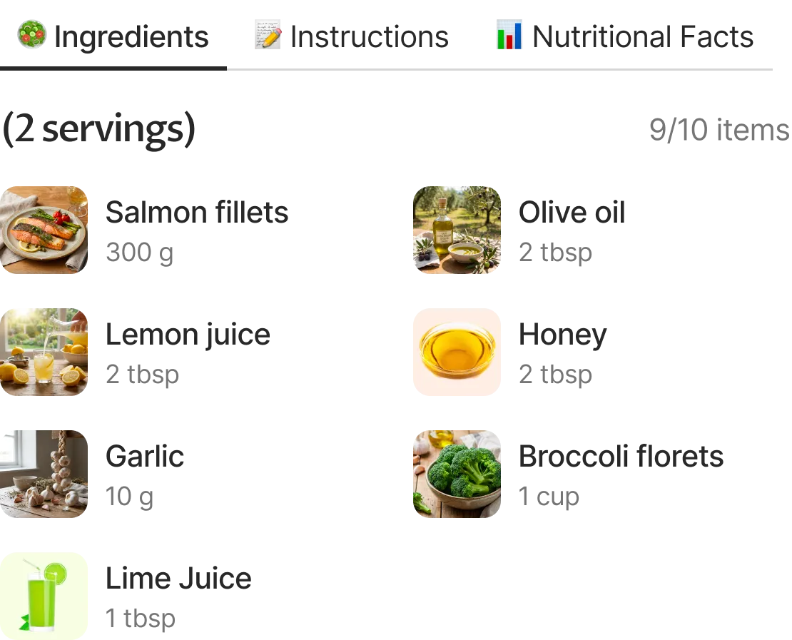 Nutrition Per Serving — 154 kcal pie chart with carbs, fat, protein, plus ingredient list (Pineapple Juice, Soy Sauce, Honey, Olive Oil...).