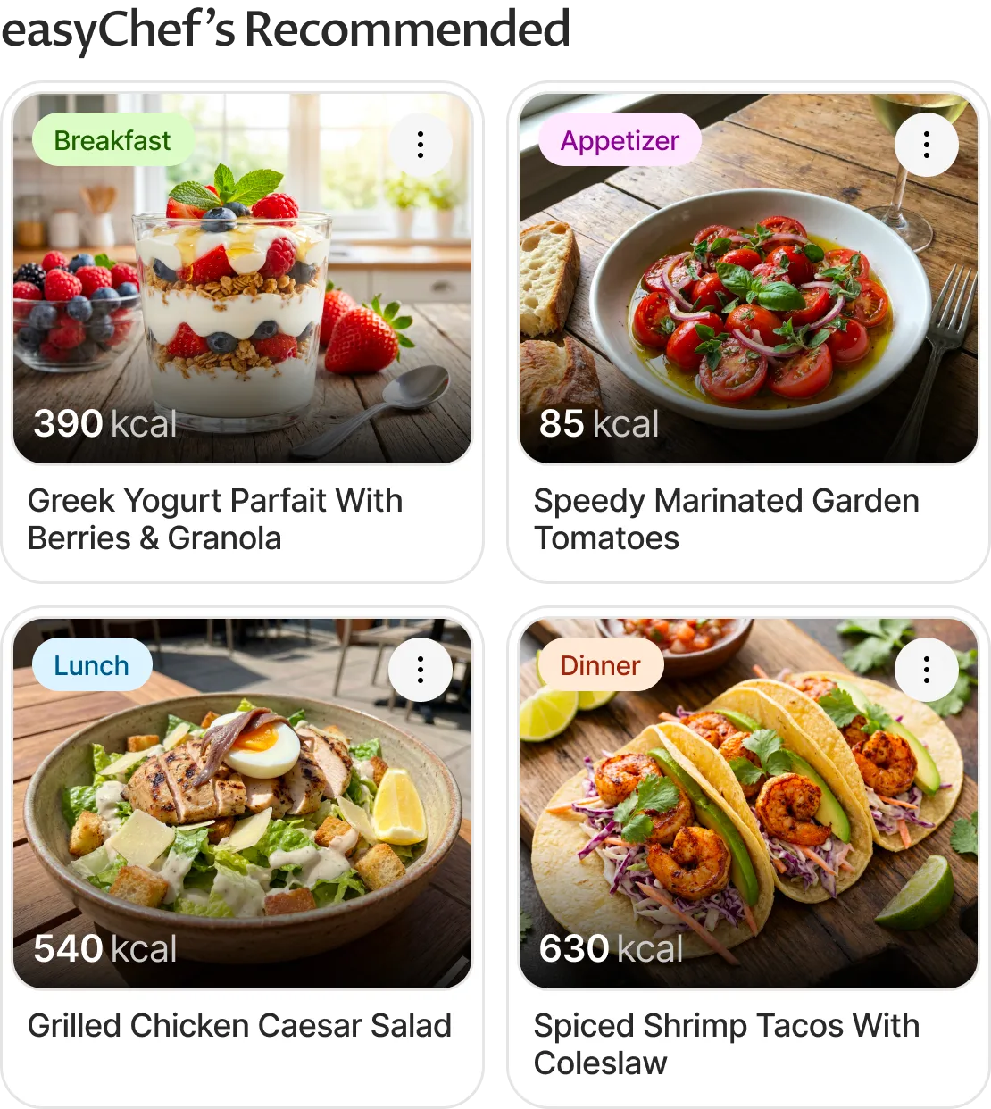 easyChef's Recommended — meal recipe cards including Vegetable Omelet, 1h 30m, 10/20 difficulty, 2 servings.
