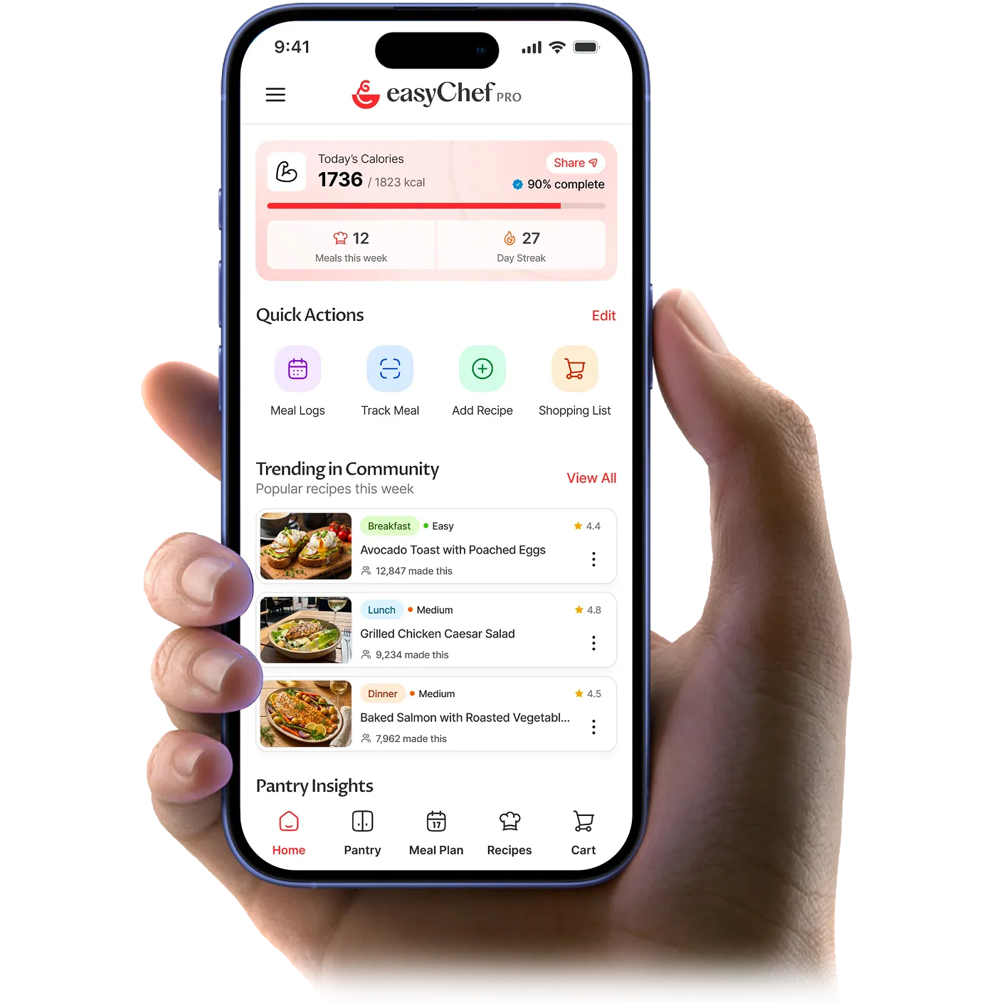 easyChef Pro app showing today's meal plan with calorie tracking and macro breakdown.