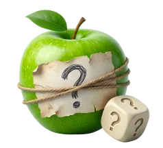 Apple wrapped in a question mark, with dice — illustration of nutritional guesswork