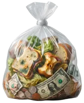 Plastic bag of money mixed with food — illustration of food and financial waste