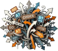 Cluttered explosion of arrows and signs — illustration of decision fatigue