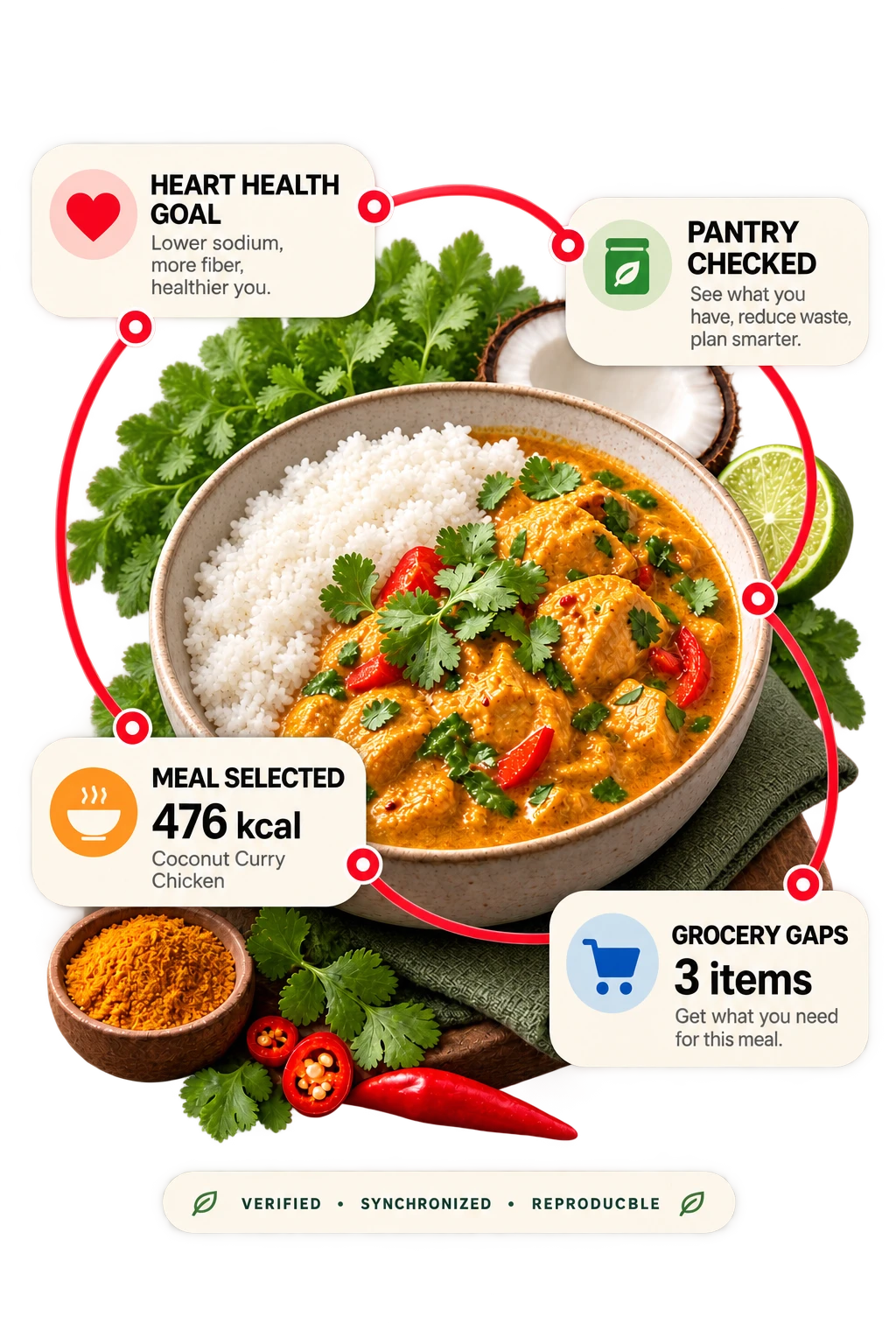 A Coconut Curry Chicken bowl ringed by four linked cards -- Heart Health Goal (lower sodium, more fiber), Pantry Checked, Meal Selected 476 kcal, and Grocery Gaps 3 items -- above a Verified, Synchronized, Reproducible strip.