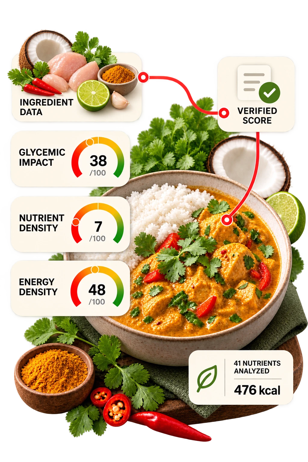 A Coconut Curry Chicken bowl with Ingredient Data linked to a Verified Score, three gauges reading Glycemic Impact 38/100, Nutrient Density 7/100 and Energy Density 48/100, and a panel noting 41 nutrients analyzed and 476 kcal.