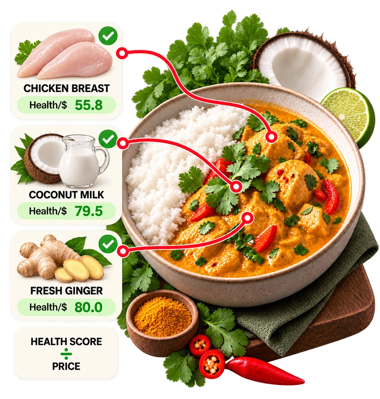 Three ingredient cards beside a Coconut Curry Chicken bowl showing a health-per-dollar figure for each -- Chicken Breast 55.8, Coconut Milk 79.5 and Fresh Ginger 80.0 -- above a card reading Health Score divided by Price.