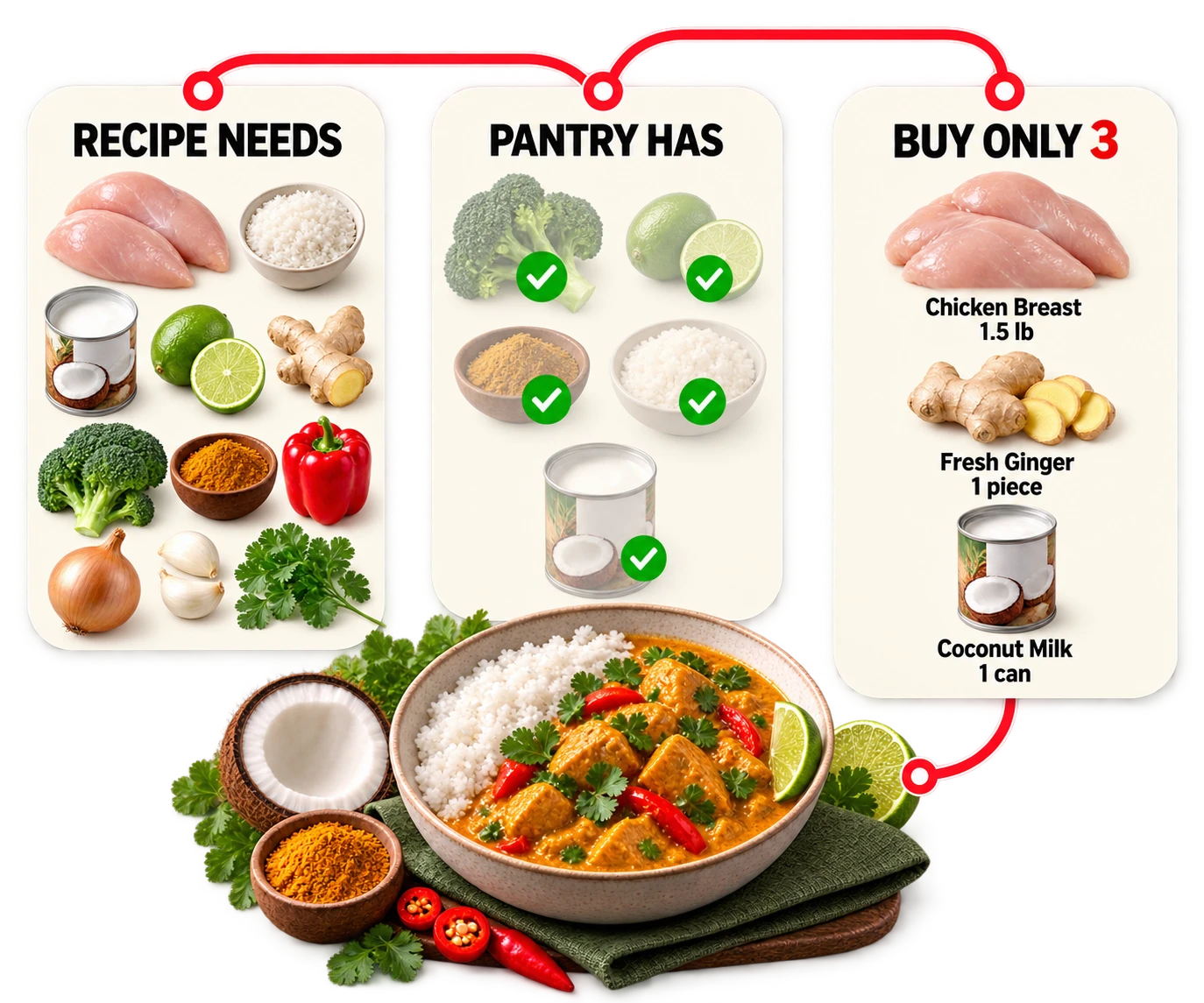 Three panels above a Coconut Curry Chicken bowl: Recipe Needs listing every ingredient, Pantry Has showing broccoli, lime, spice, rice and coconut milk already checked off, and Buy Only 3 listing chicken breast, fresh ginger and coconut milk.