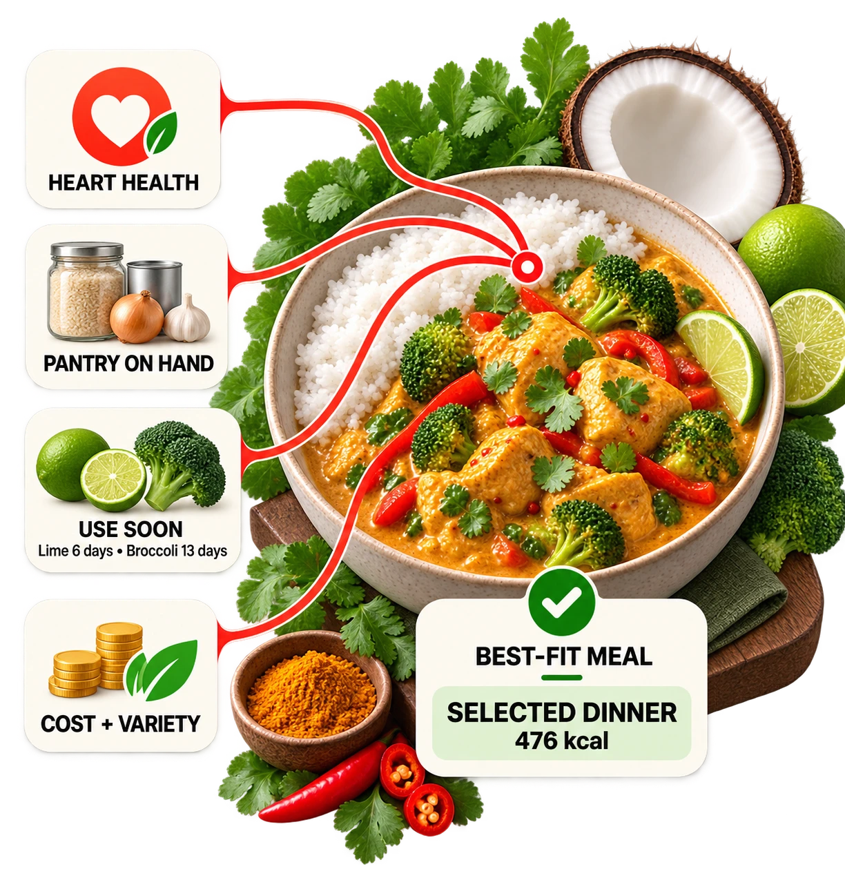 A Coconut Curry Chicken bowl with four inputs linked to it -- Heart Health, Pantry On Hand, Use Soon (lime 6 days, broccoli 13 days) and Cost plus Variety -- resolving to a Best-Fit Meal card reading Selected Dinner, 476 kcal.