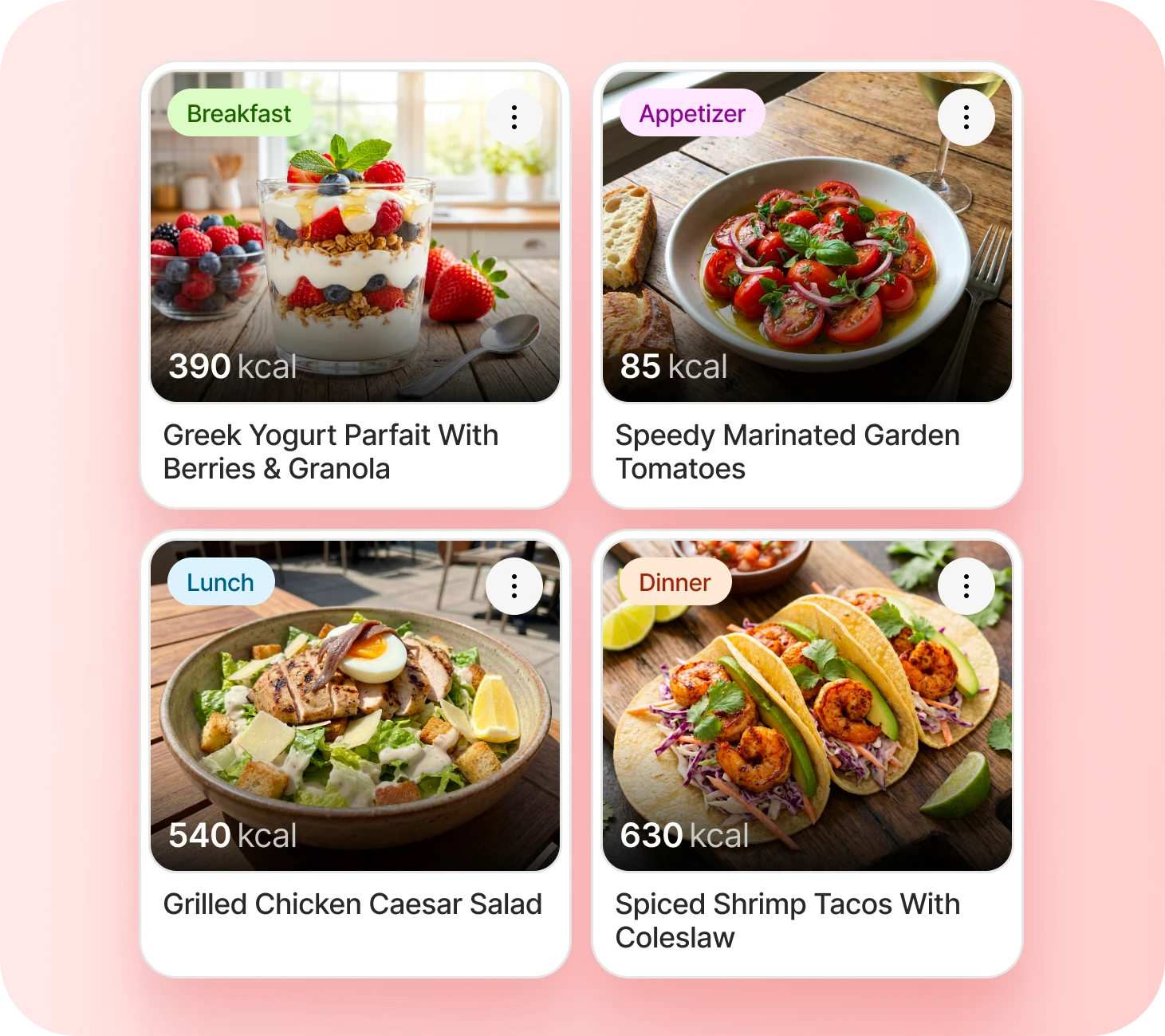 Three meal cards — Breakfast (Dark Chocolate Mousse with Fresh Berries), Snack (Spicy Avocado Toast), Lunch (Quinoa Salad with Grilled Vegetables) — each with calorie and macro chips.