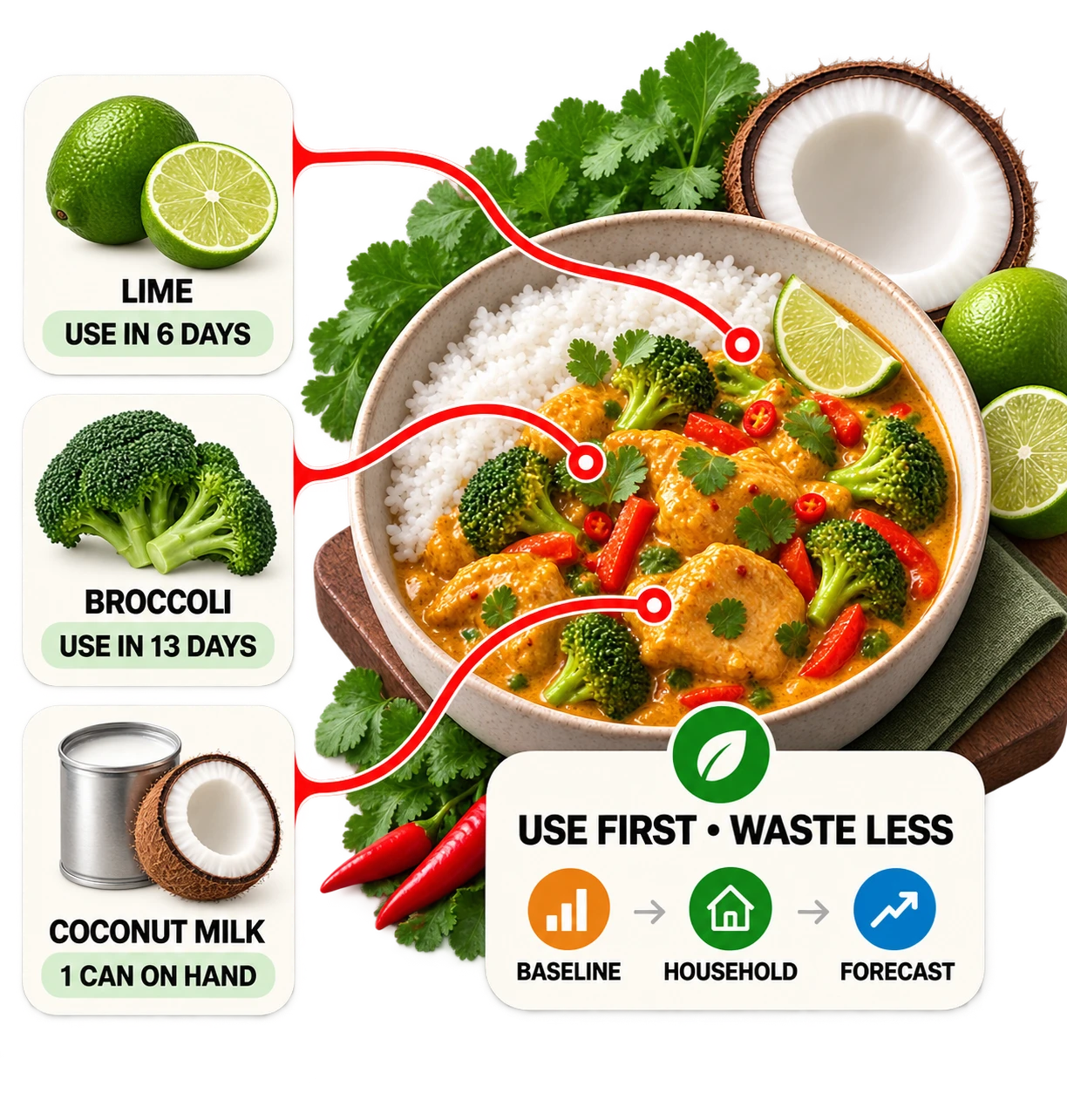 Three ingredient cards beside a Coconut Curry Chicken bowl -- lime to use in 6 days, broccoli to use in 13 days and one can of coconut milk on hand -- linked to a Use First, Waste Less panel showing baseline, household and forecast stages.