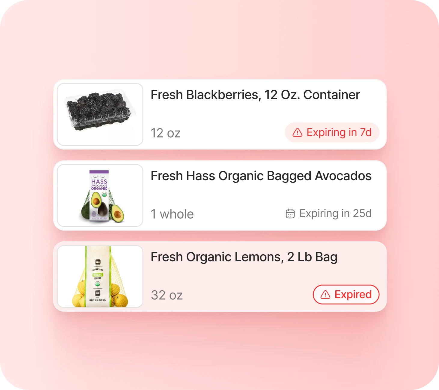 Pantry items with expiration badges — Splenda Packets expiring in 13d, Sweet'N Low Sweetener expiring in 60d, Sugar In The Raw, and an expired Splenda pack.