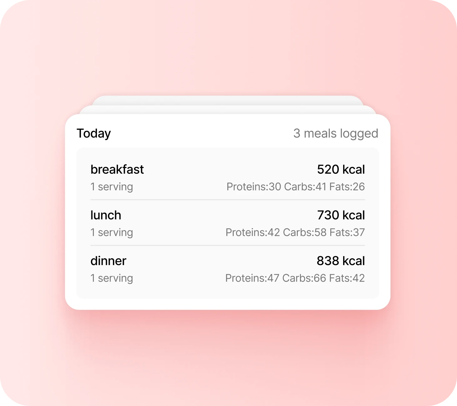 A meal log showing Today with 3 meals logged (breakfast, lunch, dinner) and Yesterday 26-May with 2 meals logged, each line showing servings, calories and macro split.