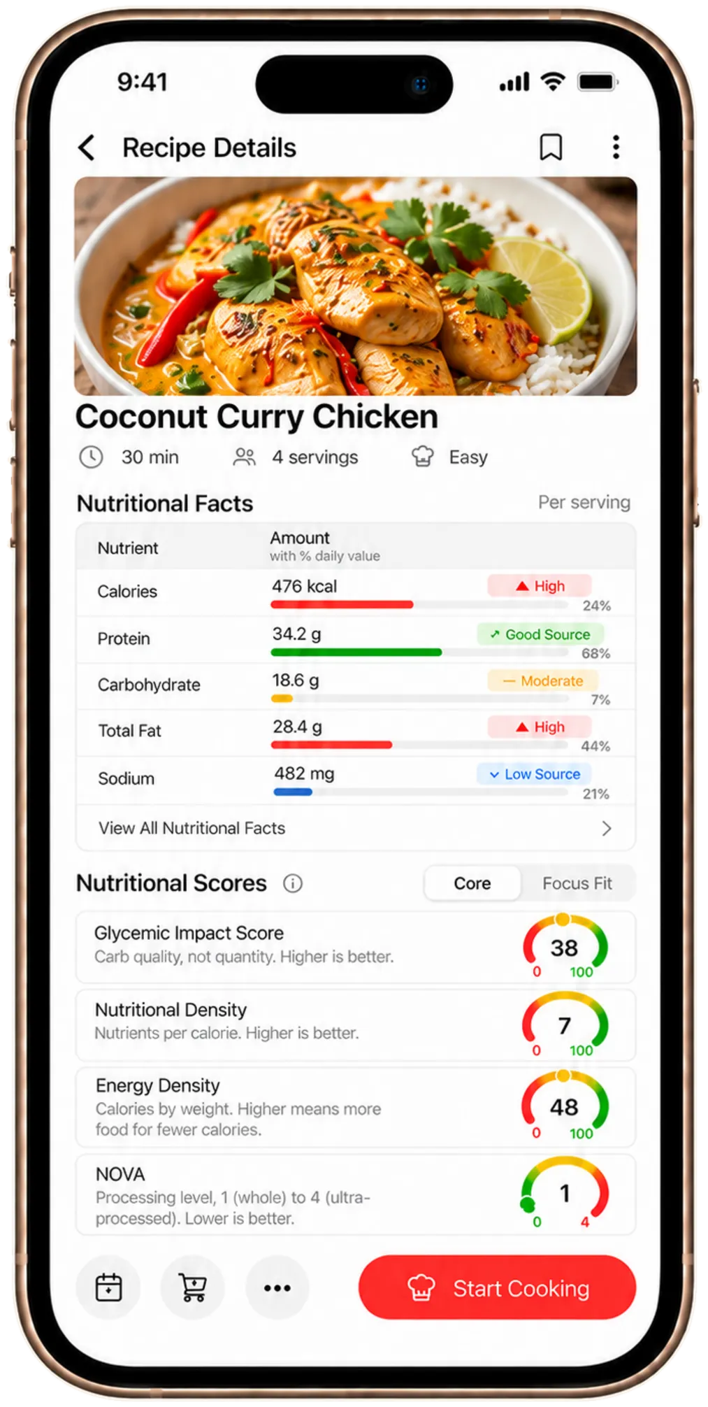 easyChef Pro recipe details on iPhone - Coconut Curry Chicken with per-serving nutritional facts rated high, moderate or good source, and the Glycemic Impact, Nutritional Density, Energy Density and NOVA scores.