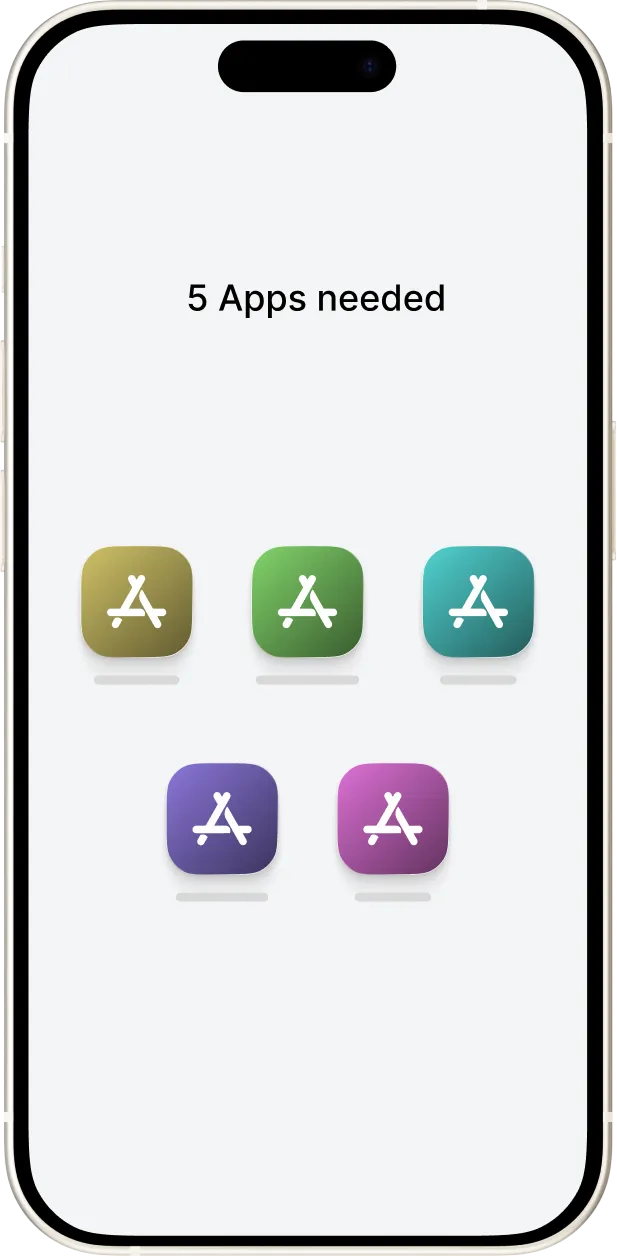 A phone showing 5 Apps needed and a grid of nutrition app icons.