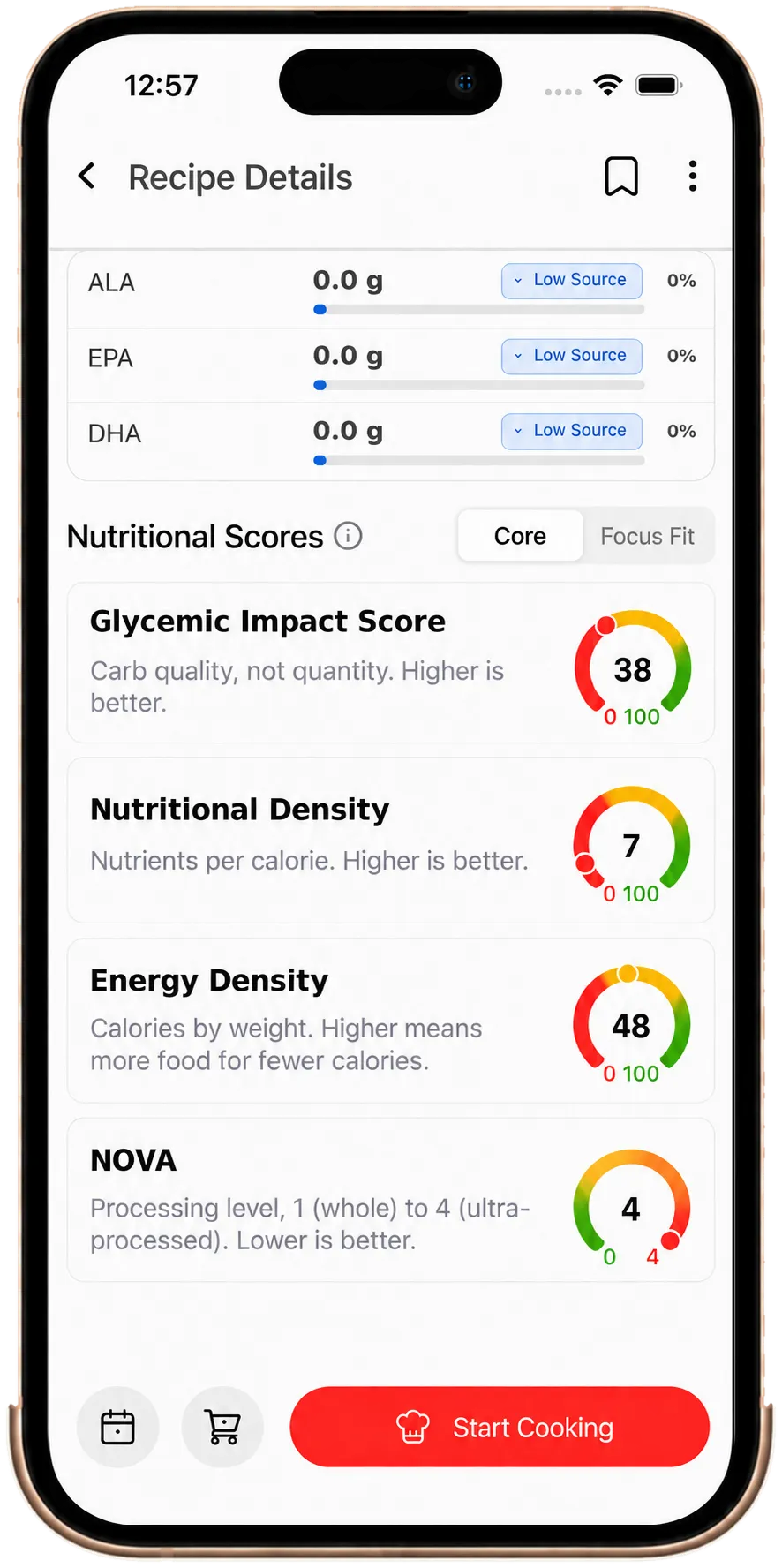 easyChef Pro core scores on iPhone - Glycemic Impact, Nutritional Density, Energy Density and NOVA, each shown as a 0-100 gauge with what it measures.