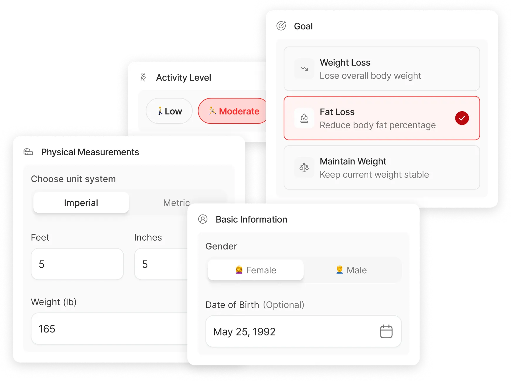 Tell us about yourself profile form on phone — gender, date of birth, servings, measurement preferences, height, weight, with floating icons for Cooking Preferences, Physical Measurements, What's your goal, Your activity level.