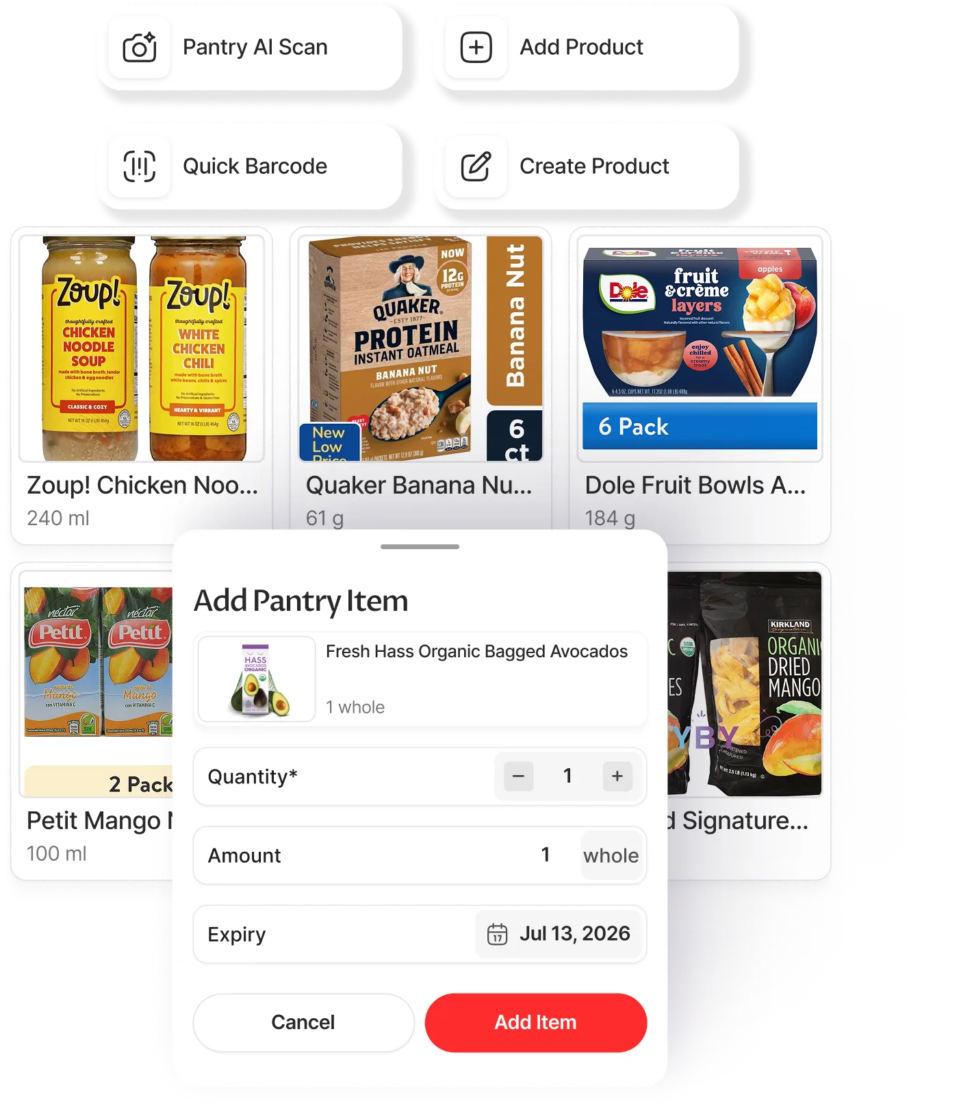 Pantry items with Quick Scan, Add Product, ingredient tiles (Buttermilk, Whole Milk, Almond Milk, Coconut Milk) and Add Pantry Item modal.