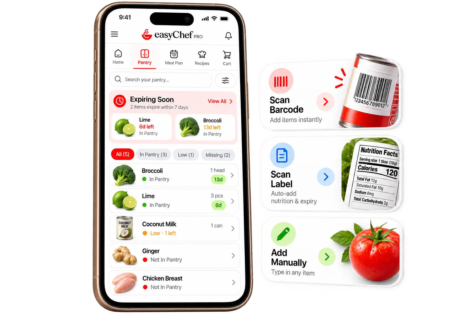 Pantry items with Quick Scan, Add Product, ingredient tiles (Buttermilk, Whole Milk, Almond Milk, Coconut Milk) and Add Pantry Item modal.