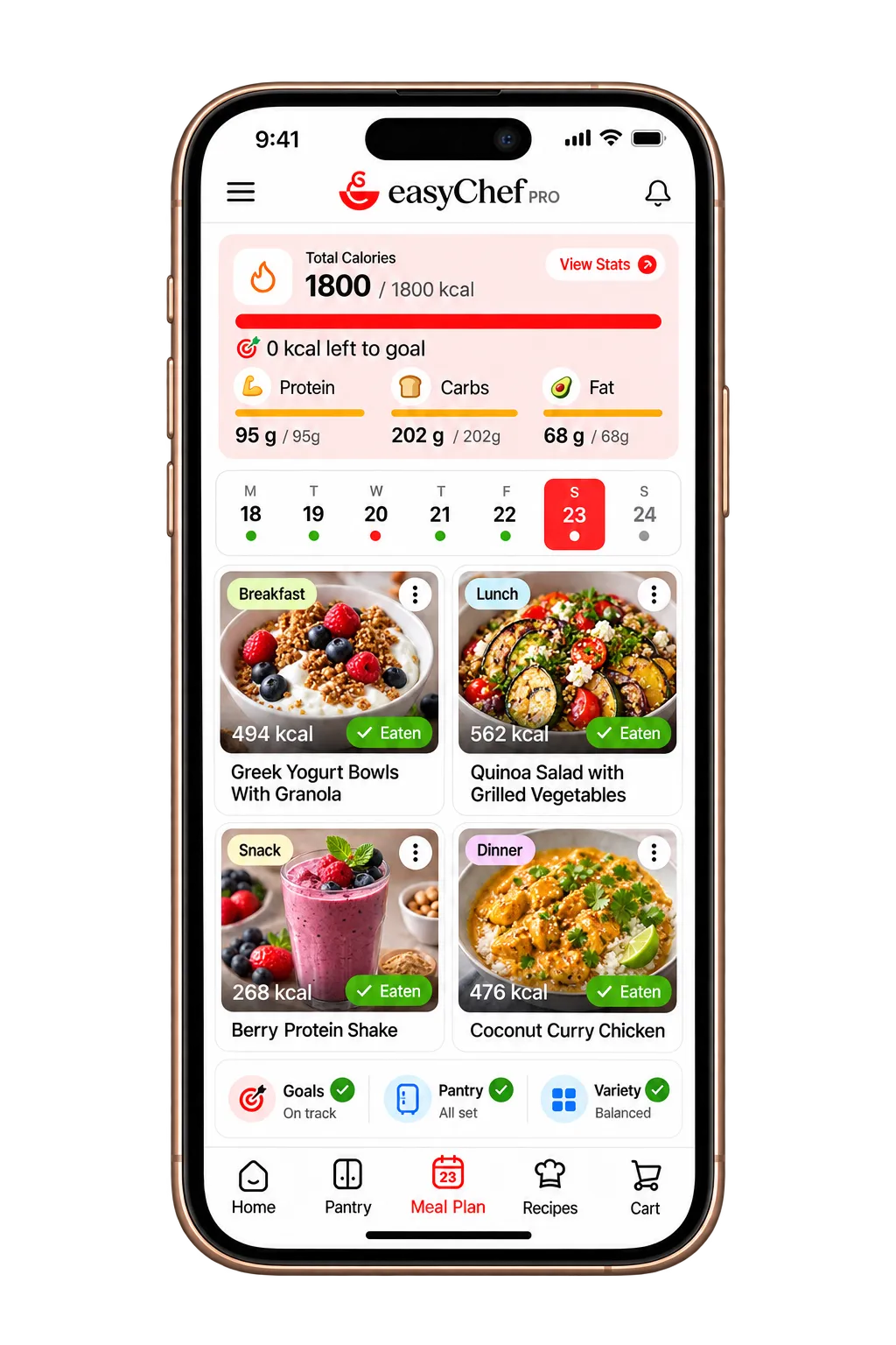 Weekly meal plan list with Yesterday 26-May, Today's Meal Plan with breakfast, lunch, dinner, snack tiles, Sunday 27-May, Monday 28-May, Tuesday 29-May.