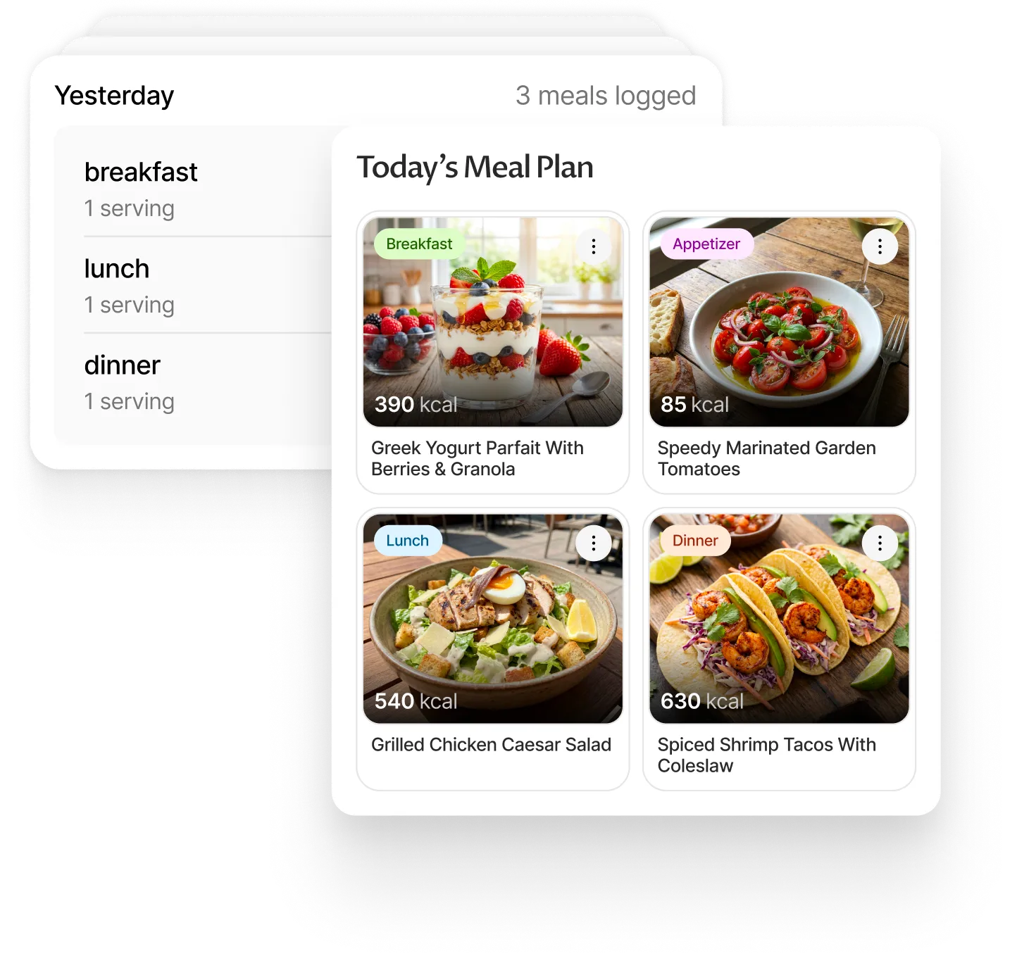 Weekly meal plan list with Yesterday 26-May, Today's Meal Plan with breakfast, lunch, dinner, snack tiles, Sunday 27-May, Monday 28-May, Tuesday 29-May.