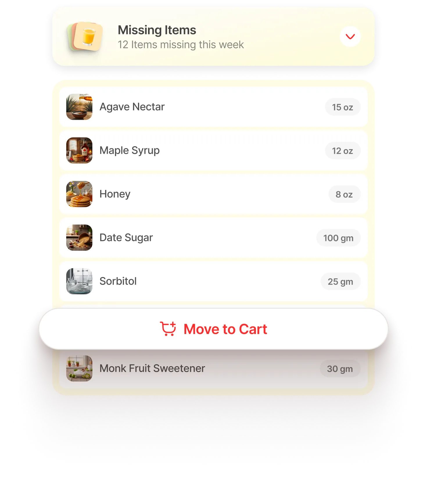 Smart grocery list showing 12 missing items: Agave Nectar, Maple Syrup, Honey, Date Sugar, Sorbitol with Move to Cart and Groceries List PDF buttons.