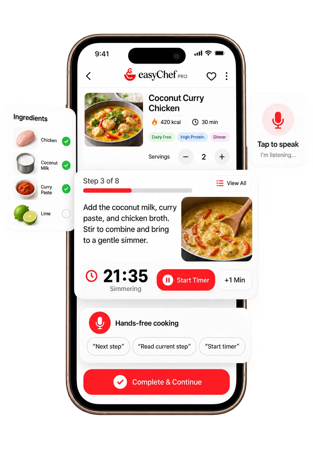 Cook Mode on phone — step 1 recipe instructions, 30 min timer, Start Timer and +1 Minute controls, 21:35 active timer, Complete & Continue button.