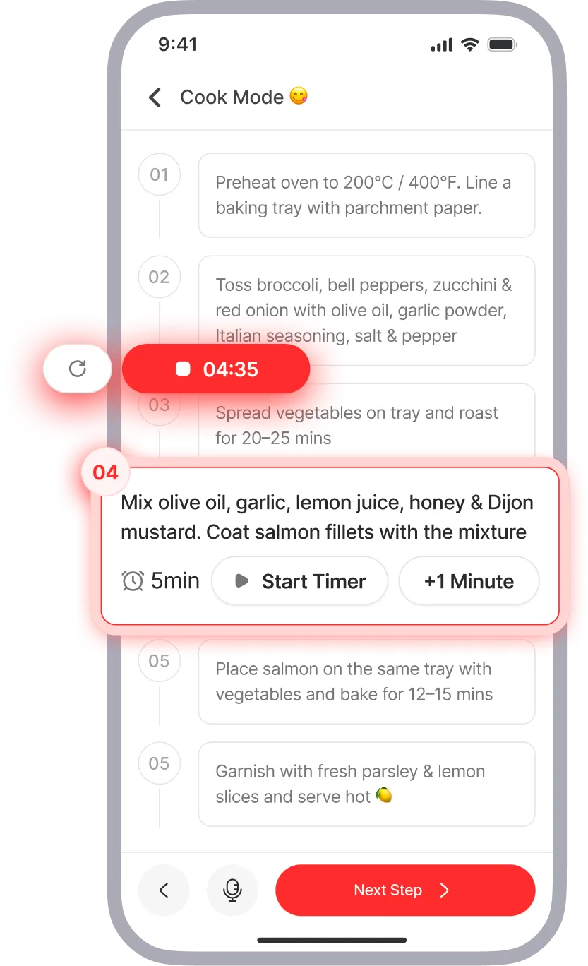 Cook Mode on phone — step 1 recipe instructions, 30 min timer, Start Timer and +1 Minute controls, 21:35 active timer, Complete & Continue button.