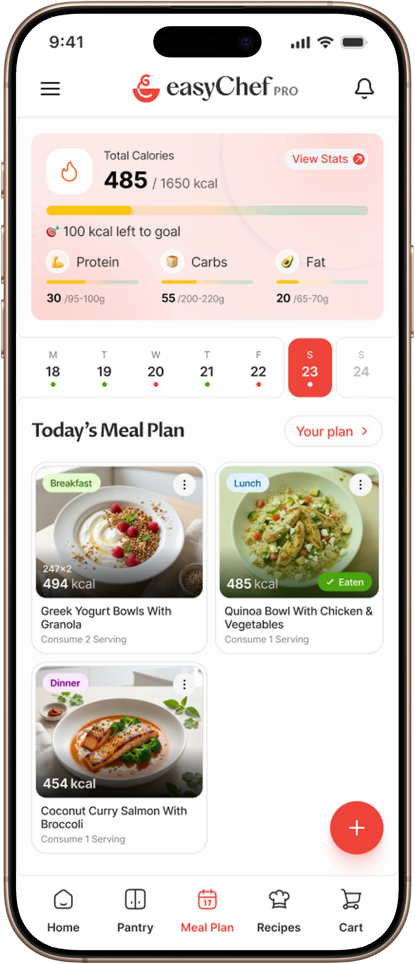 easyChef Pro Meal Plan screen - calories against the daily goal, protein, carb and fat targets, the week strip, and today's breakfast, lunch and dinner cards.