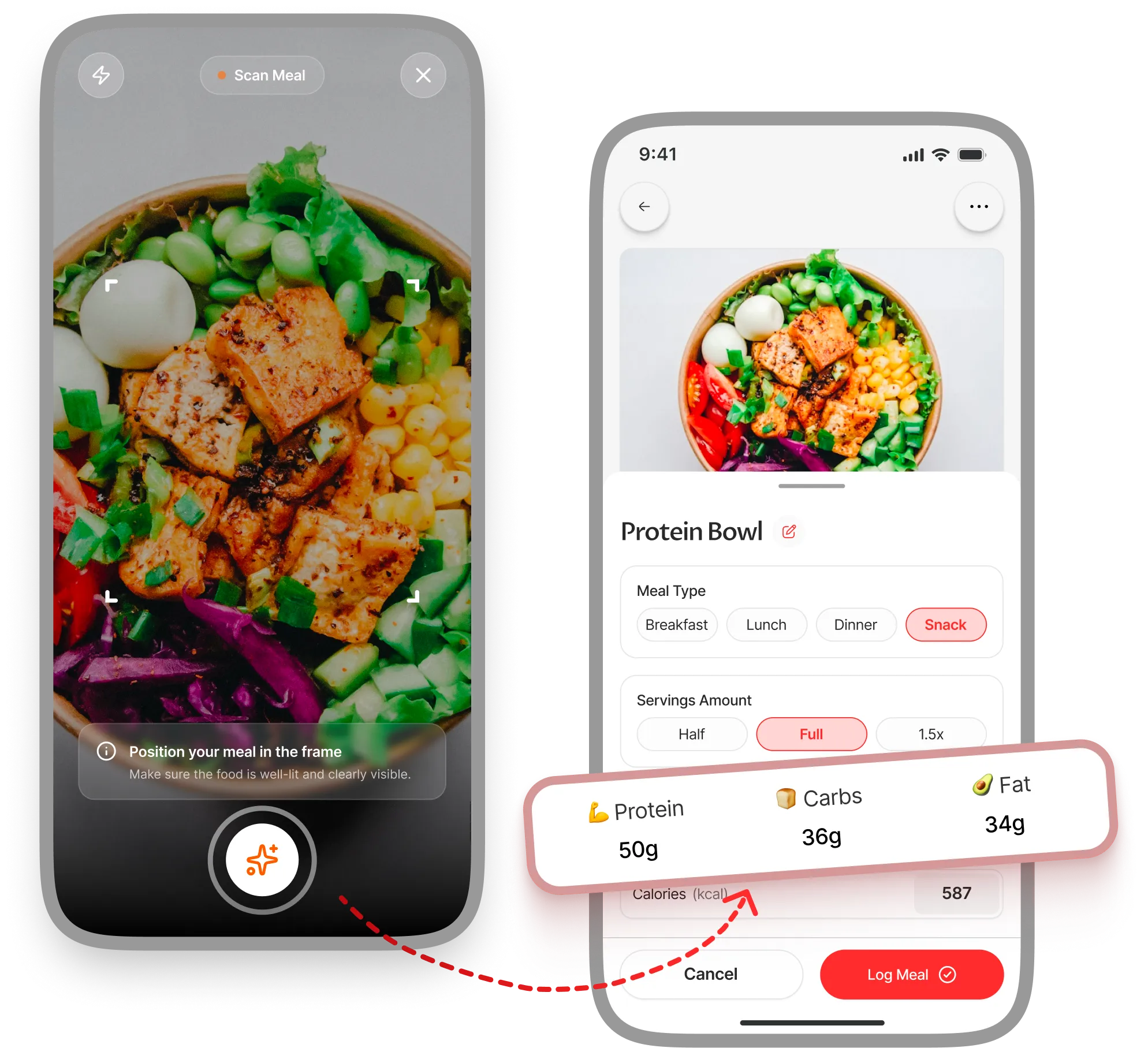 Meal Scan and recipe scoring UI showing health score, macros, and ingredients.