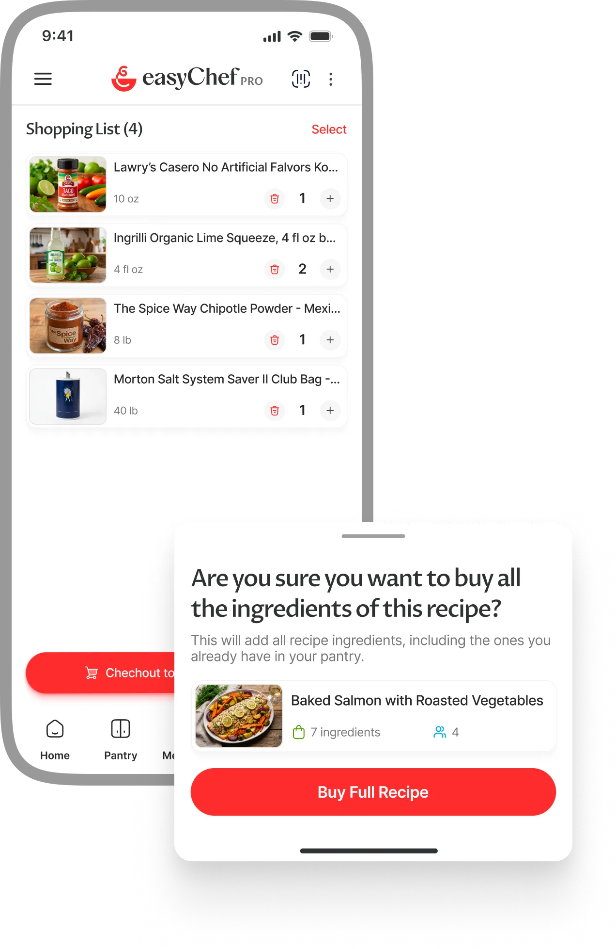 Shop Home Full Cart phone with calorie ring, meal cards, and pantry pop-over.