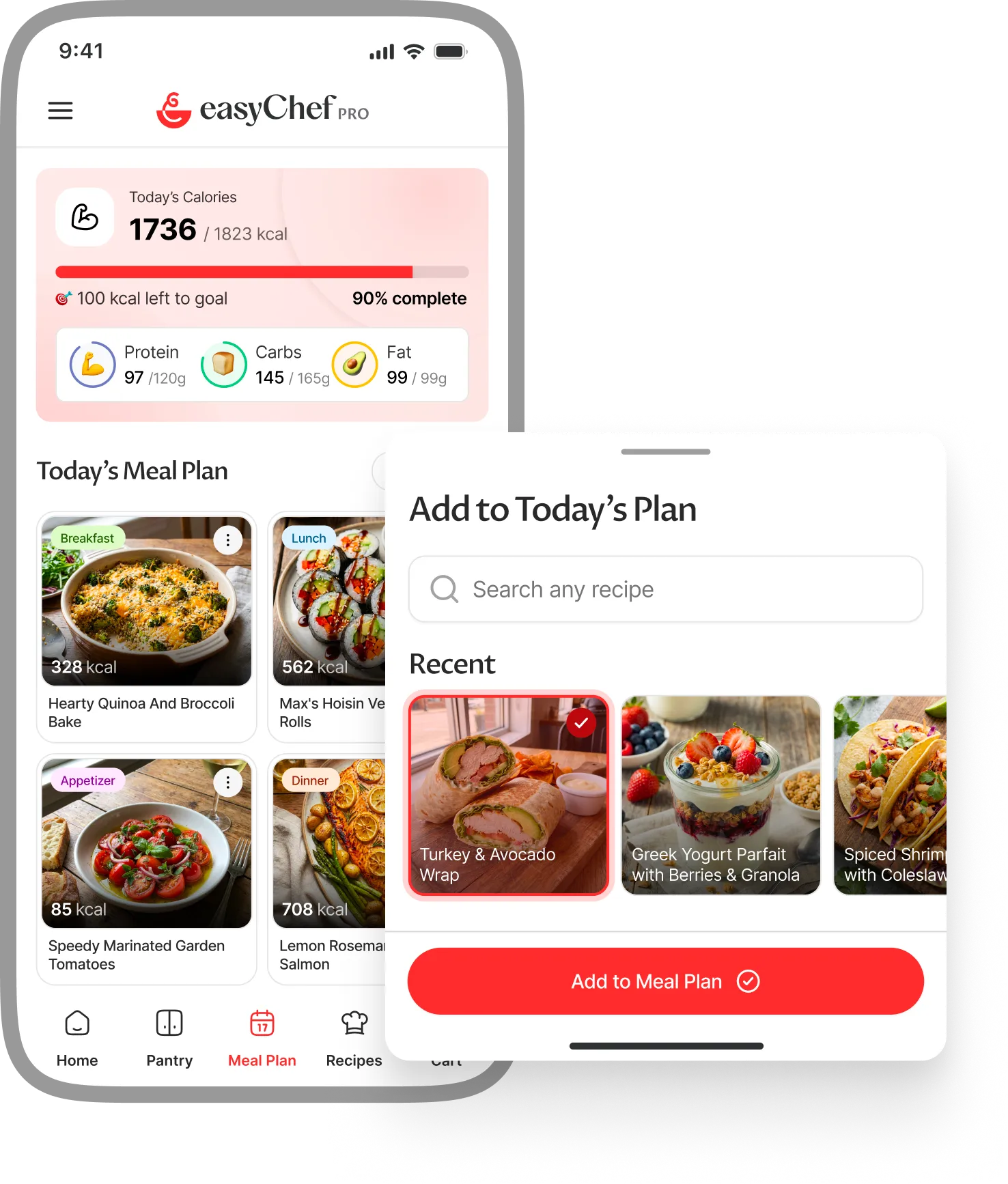 Recipe Details phone with calorie ring, ingredients list, and meal-swap pop-over.