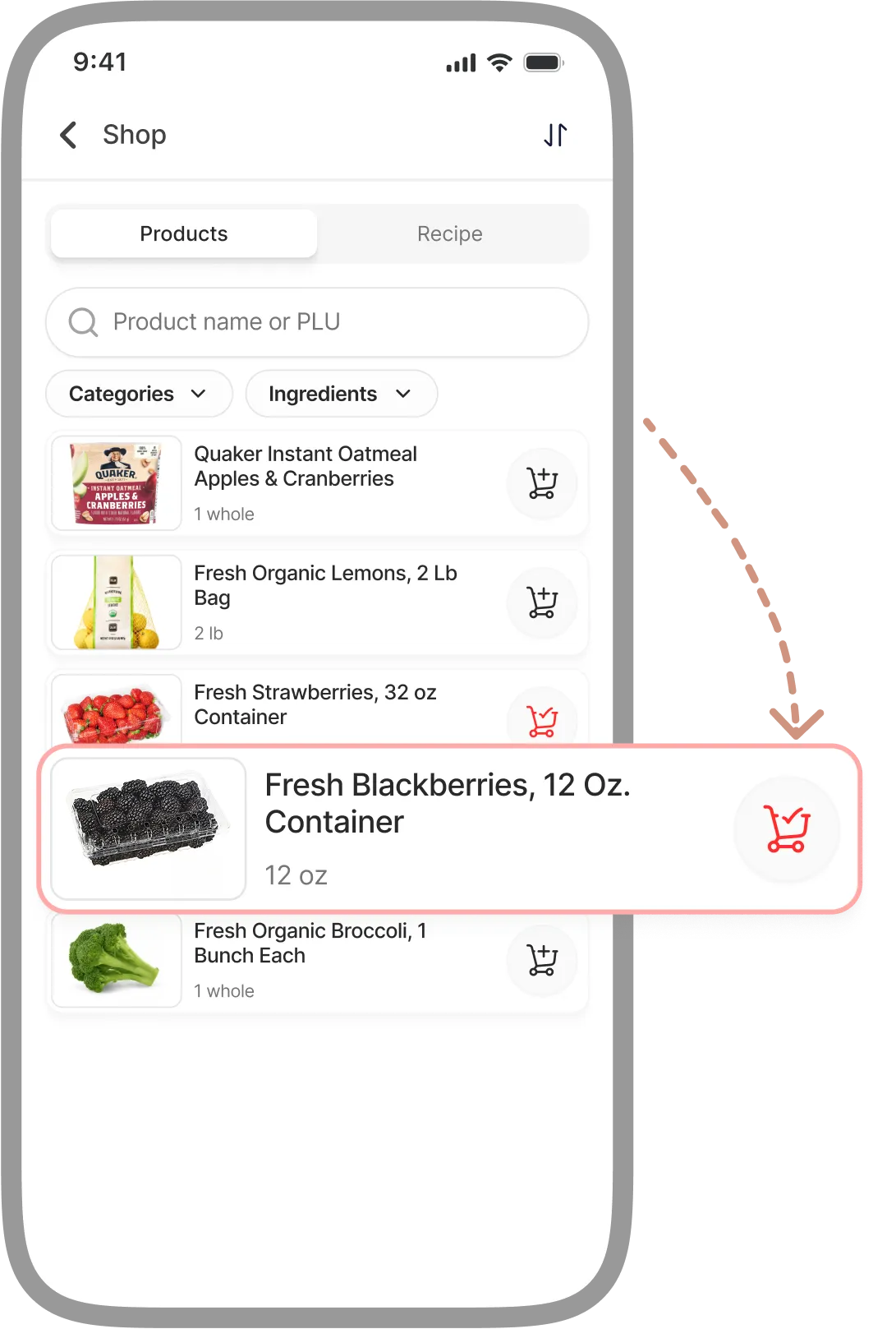 Shopping cart phone with categories, search input, and floating product card.