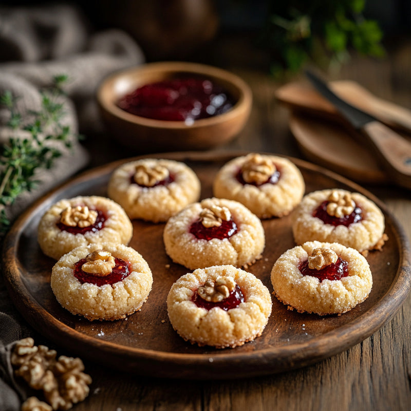 Raspberry Walnut Thumbprint Cookies