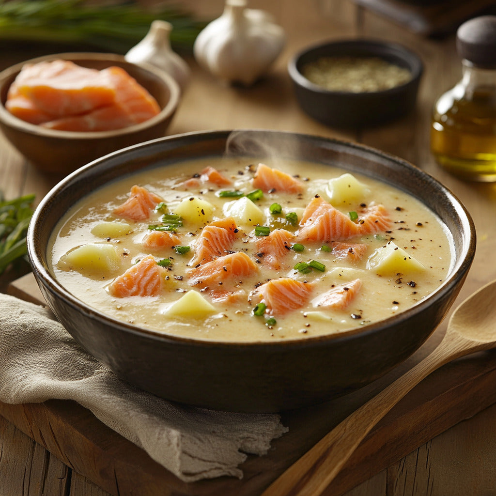 Creamy Roasted Garlic and Smoked Salmon Soup