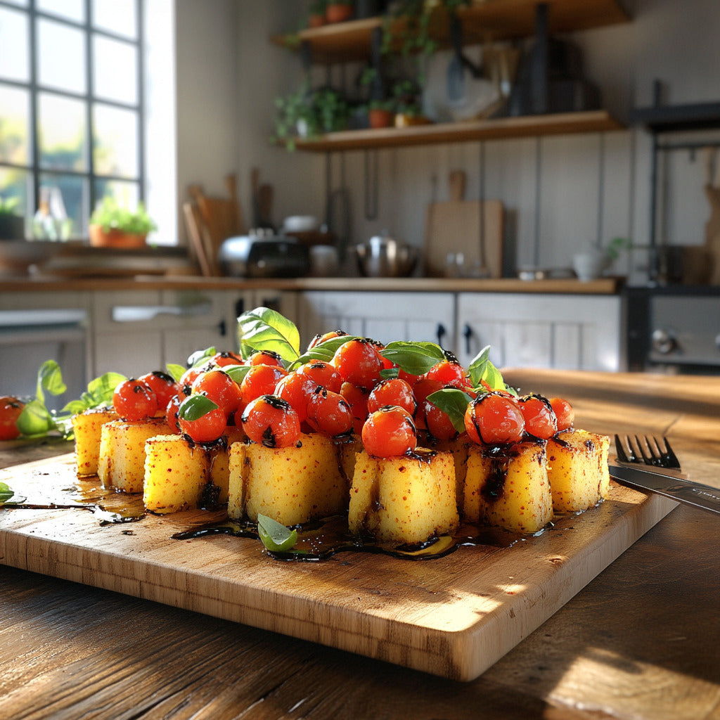 Savory Crispy Polenta Bites with Jammy Tomato Topping