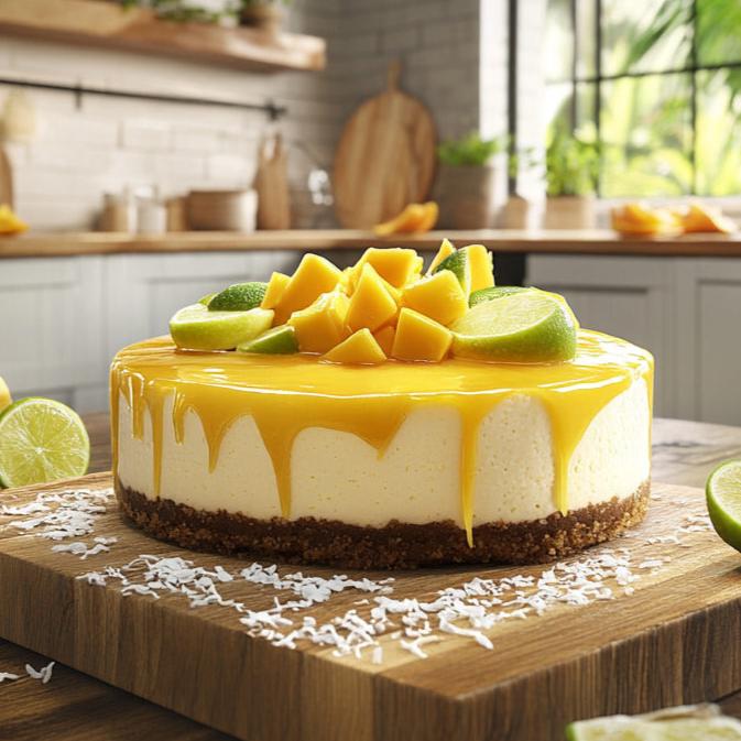 Tropical Coconut-Lime Cheesecake with Mango Coulis