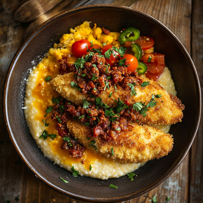 Crispy Spicy Chicken with Cheesy Grits and Chorizo Sauce