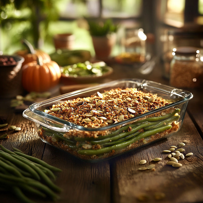 Savory Green Bean Casserole with Crunchy Pumpkin Seed Topping