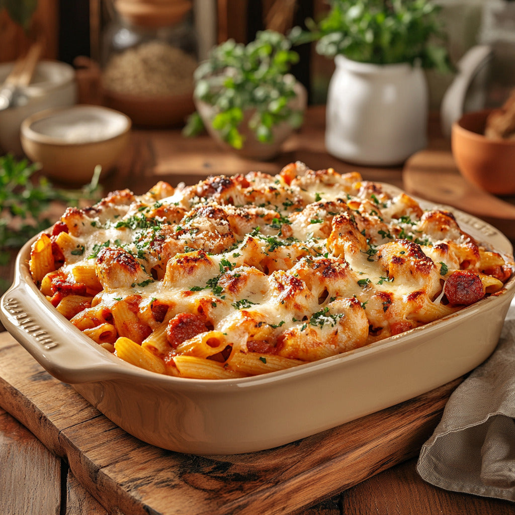 Spicy Chicken and Chorizo Pasta Bake