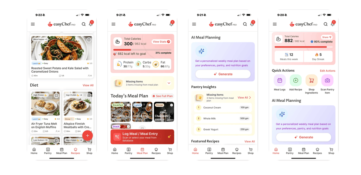 easyChef Pro mobile app interface displaying weekly meal plan with AI-powered recipe suggestions