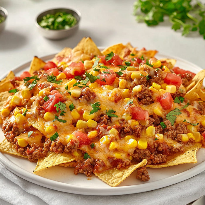 easyChef Pro BBQ Cheddar Beef Nachos with Corn and Tomatoes