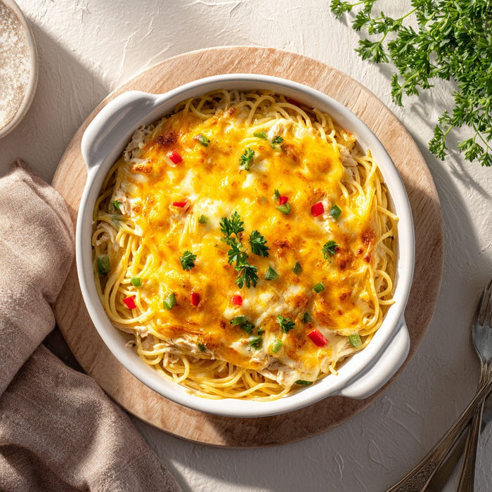 easyChef Pro Cheesy Chicken Spaghetti Bake with Pimento and White Wine