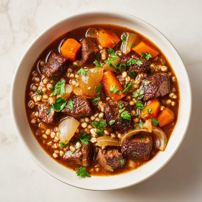 easyChef Pro Comforting Herb-Infused Beef Barley Soup with Caramelized Onions