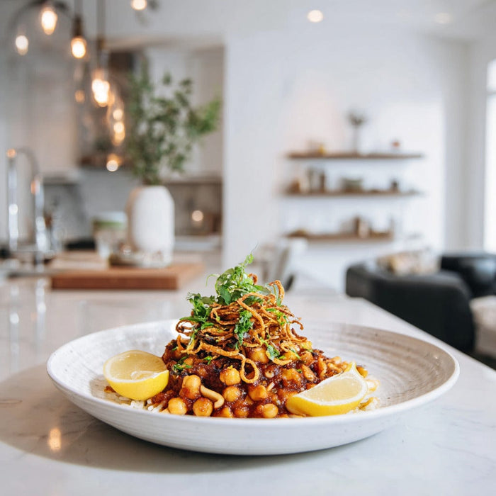 easyChef Pro Crispy Onion Koshari with Marinated Chickpeas