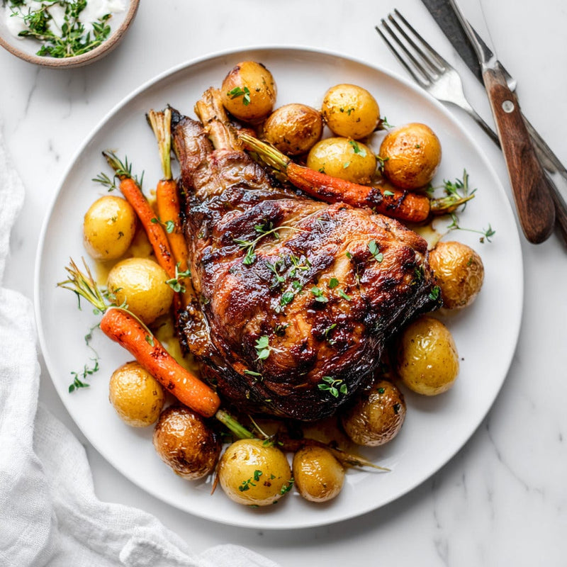 easyChef Pro Garlic-Infused Beer-Basted Leg of Lamb with Roasted Vegetables