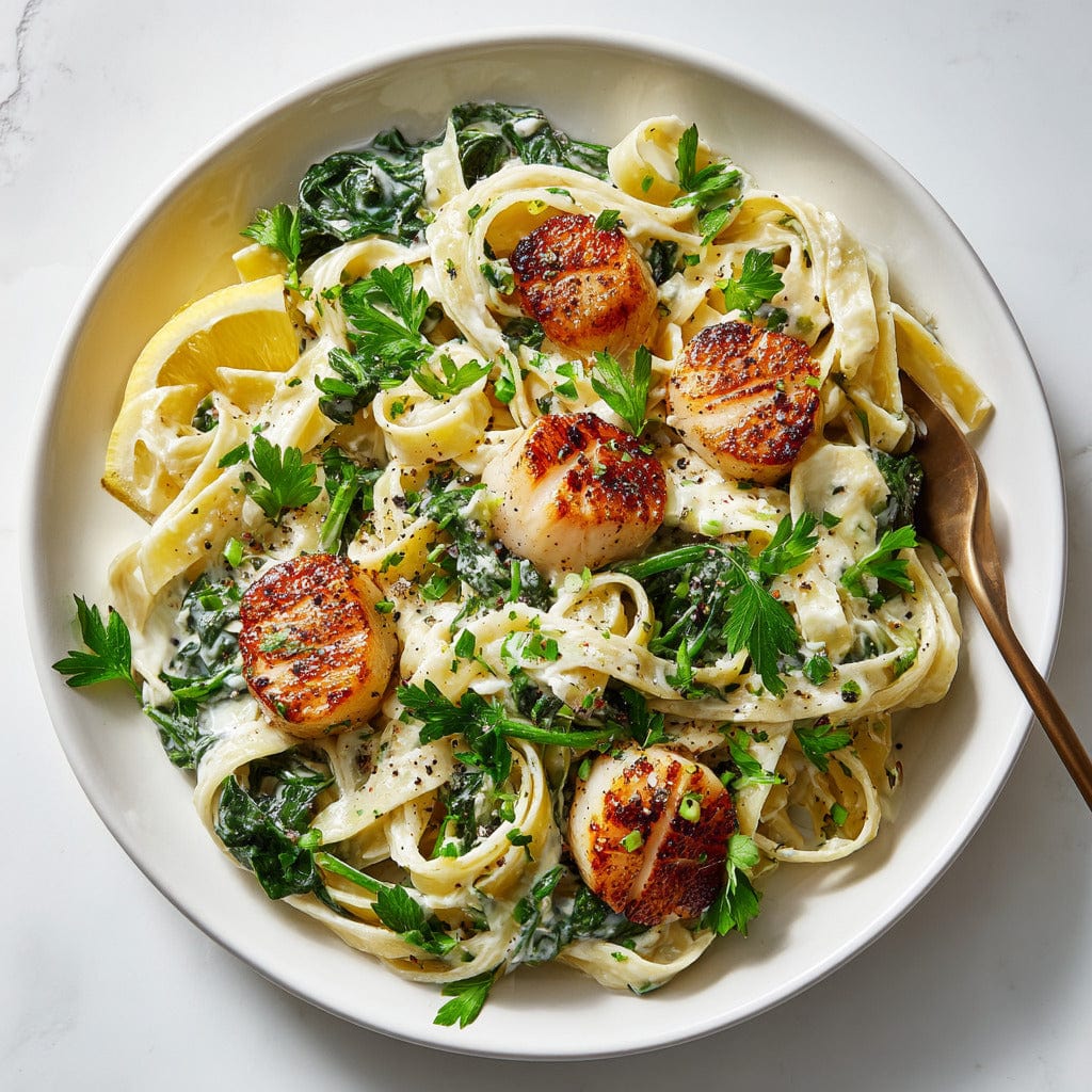 easyChef Pro Garlic-Infused Scallop and Spinach Fettuccine with Mushroom Sauce