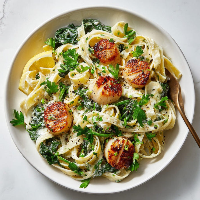easyChef Pro Garlic-Infused Scallop and Spinach Fettuccine with Mushroom Sauce