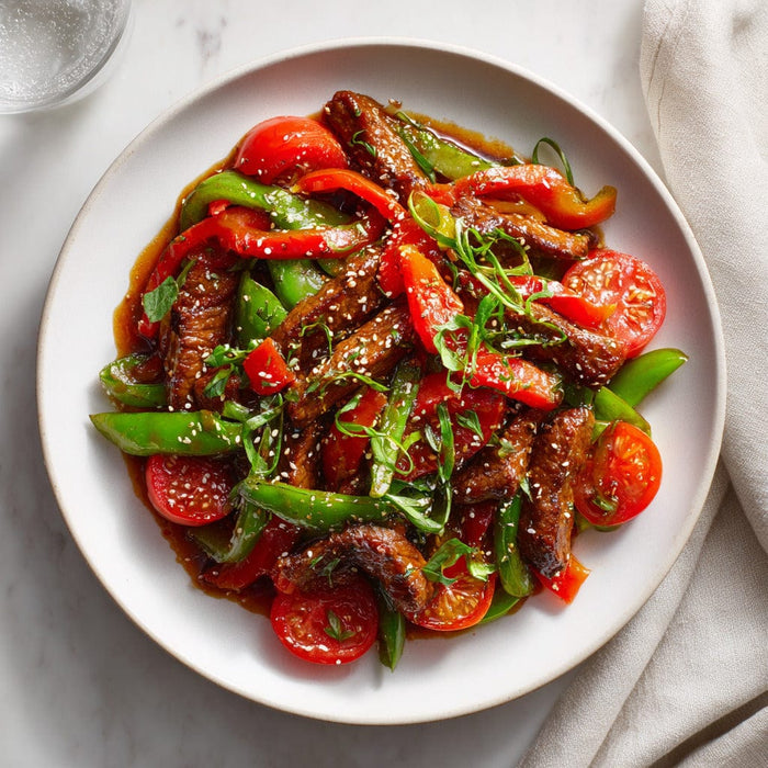 easyChef Pro Ginger-Infused Pepper Steak Stir-Fry with Tomatoes
